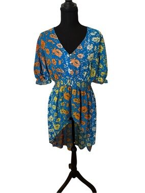 Cato Blue Floral High-Low V-Neck Dress with Orange & Yellow Blooms